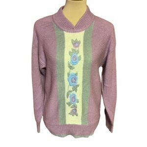 Vtg 80s embroidered floral lavender sweater